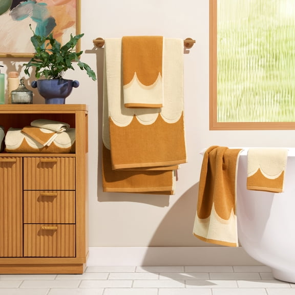 Beautiful by Drew Barrymore 6-Piece Scallop Bath Towel Set, Soft 100% Cotton, Yellow