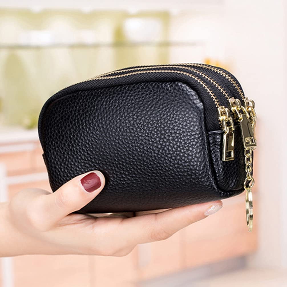 Eavkei Coin Purse Leather Coin Pouch Mini Change Purse Zipper Bag Women Change Pocket Three Zipper Coin Purse Multi Function Key Case Compact Short Wa