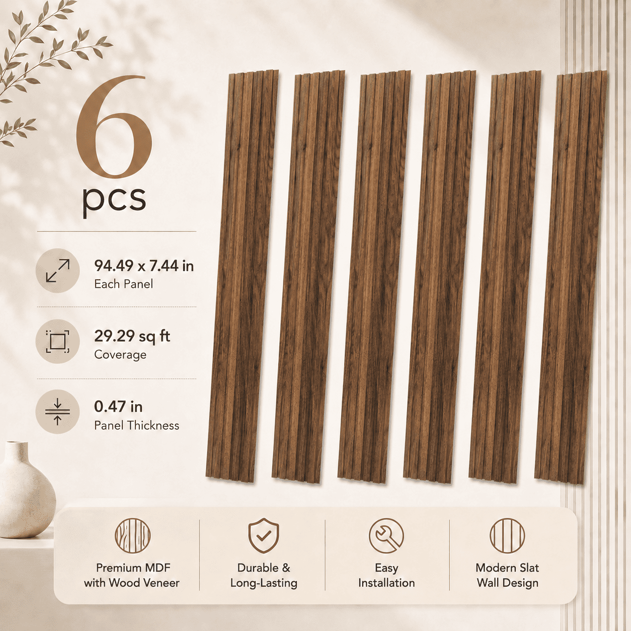 Yeslife 6 pcs Slat Wall Panels, 94.49 x 7.44 in, Walnut MDF, 3D Decorative Design for Interior Walls and Ceilings