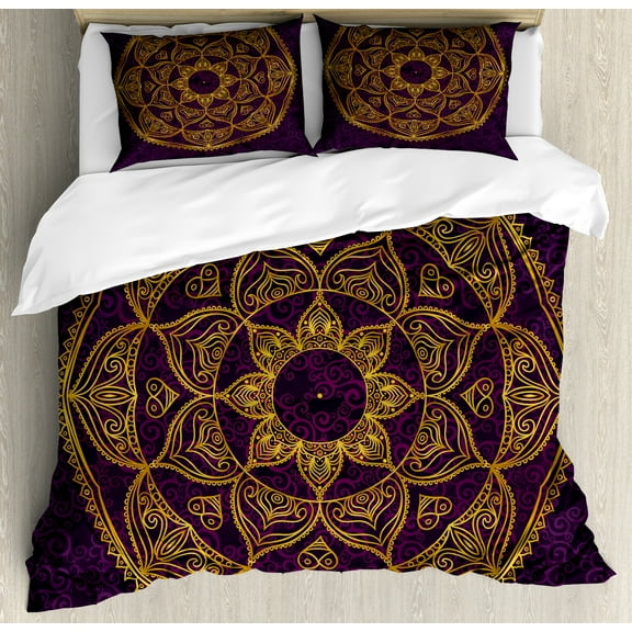 Mandala Duvet Cover Set, Circular Mandala Design Eastern Old Fashioned Nature Inspired Traditional, Decorative 3 Piece Bedding Set with 2 Pillow Shams, Calking Size, Purple Earth Yellow, by Ambesonne