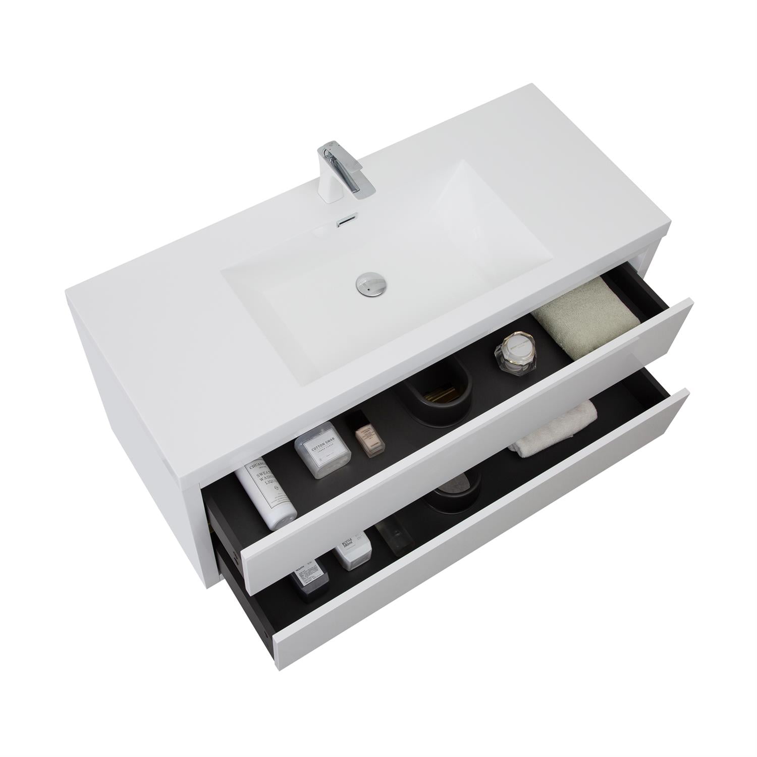 Demi Bonn 47" Wall-Mounted Bathroom Vanity with Sink, Stone Resin Countertop and 2 Soft Close Drawers, Faucets and Drains Not Included, White