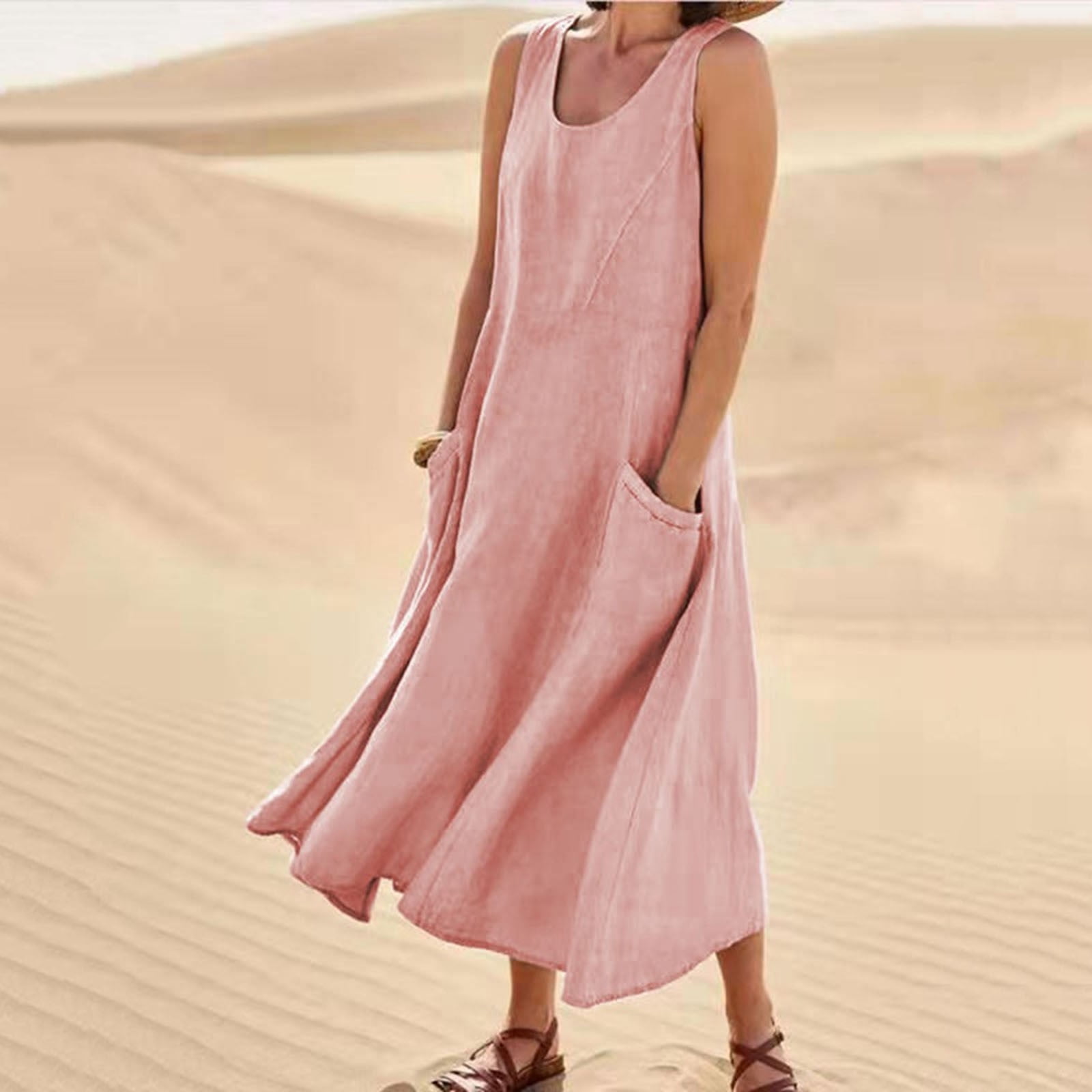 BiZtdJrK Women's Plus Size Summer Dresses Trendy Sleeveless Flowy Maxi Dress Solid Casual Vacation Beach Baggy Sun Dresses with Pockets, Pink, XXXXL