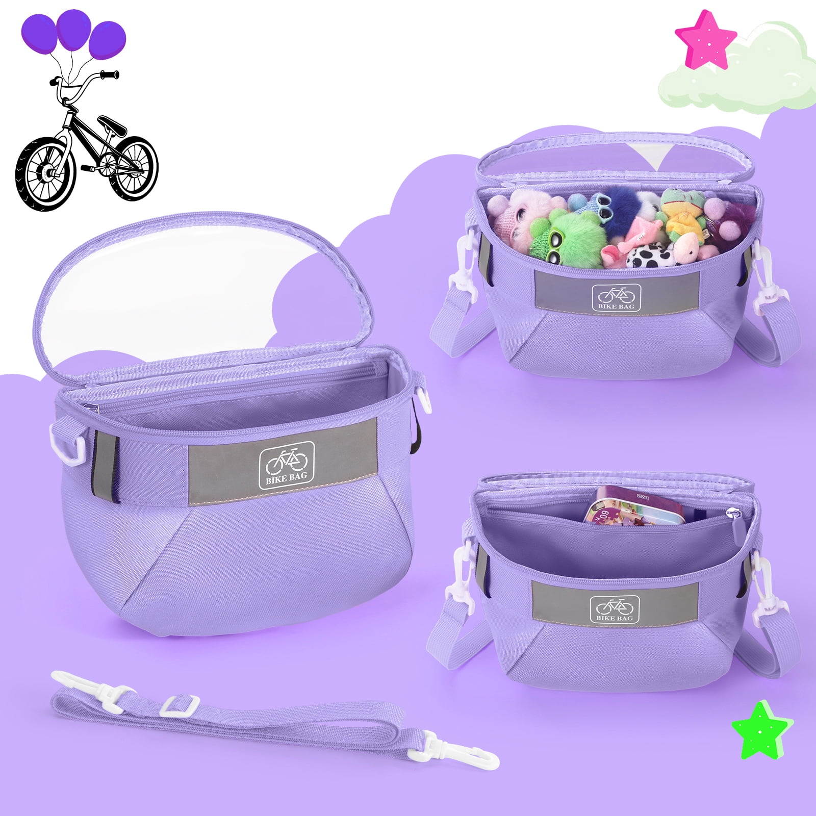 Yucurem Durable Kids Bike Basket, Waterproof Bicycle Front Basket Handlebar Bag with Reflective Safety Straps, Fabric Bicycle Basket for Boys & Girls (Purple)