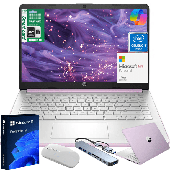 HP 14" Ultra Thin Laptop, Intel Quad-Core N150, 4GB RAM, 192GB (128GB eMMC 64GBSD Card), Windows 11 Pro, 1 Year Microsoft Office 365, Lightweight Notebook for Work or School, Gift Set(Lavender)