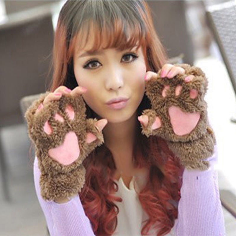 Fluffy Cat Paw Gloves Bear Claw Plush Half Finger Winter Warm Mitten For Women 