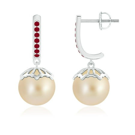 14 Mm South Sea Shell Women's Day Sale - Classic Golden South Sea Cultured Pearl & Ruby Earrings in 14K White Gold (9mm Golden South Sea Cultured Pearl)- SE1206GSPRR-WG-AA-9 ()