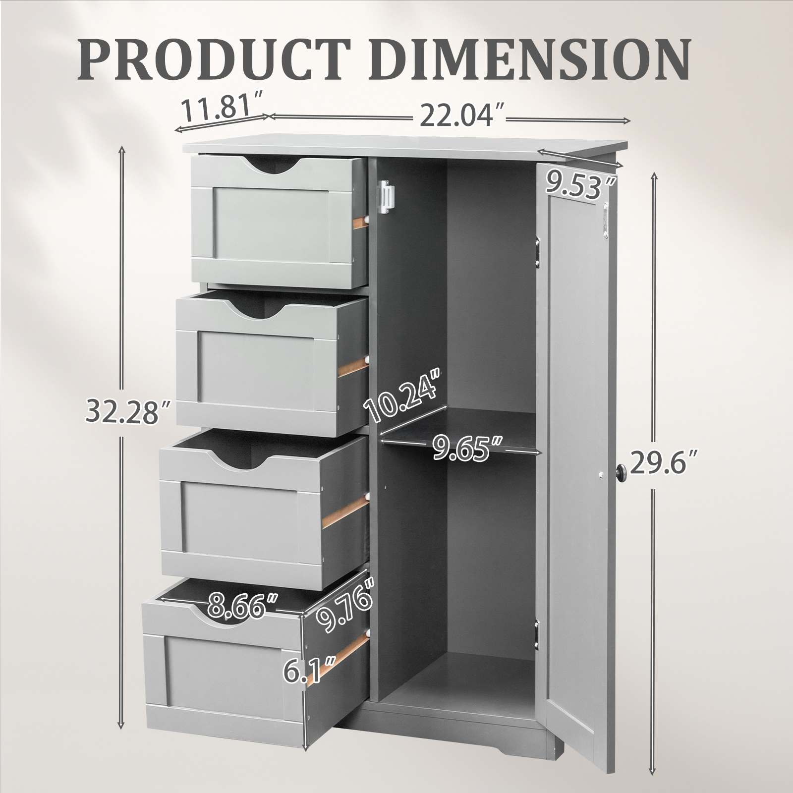 Ktaxon Wooden Bathroom Floor Cabinet, Side Storage Organizer with 4 Drawers, 1 Cupboard & 2-Shelves, Gray