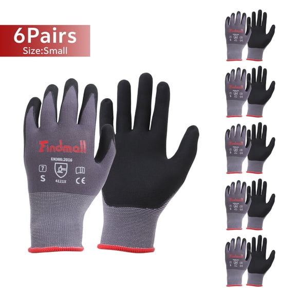 findmall 6 Pairs S-Size Work Gloves MicroFoam Nitrile Coated Knit Nylon Gloves