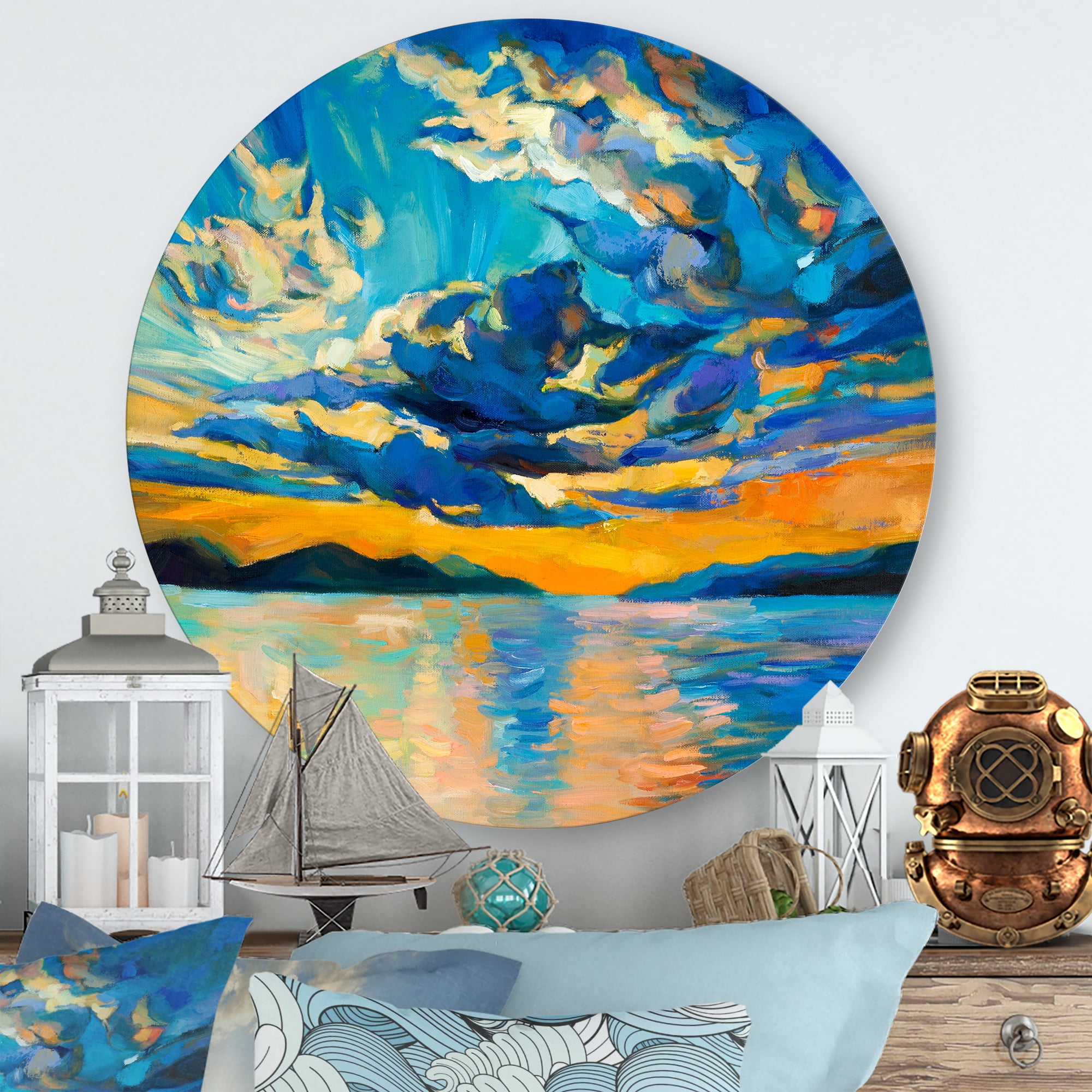 Designart 'Cloudy Sunset Over Wide Open Ocean Horizon' Nautical & Coastal Circle Metal Wall Art 23x23 - Disc of 23