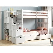 Bedz King Tall Stairway Bunk Beds Twin over Twin with 4 Drawers in the Steps and 2 Under Bed Drawers, White