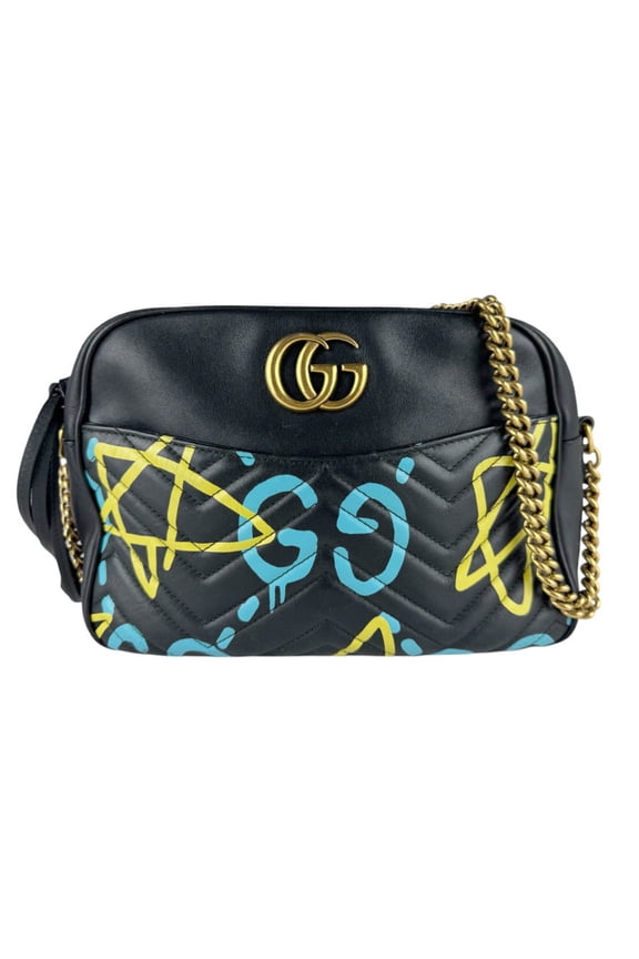 Pre-Owned Gucci GG Marmont Shoulder Bag, Leather, Black, Blue, Yellow, Women's, 443499 z9884