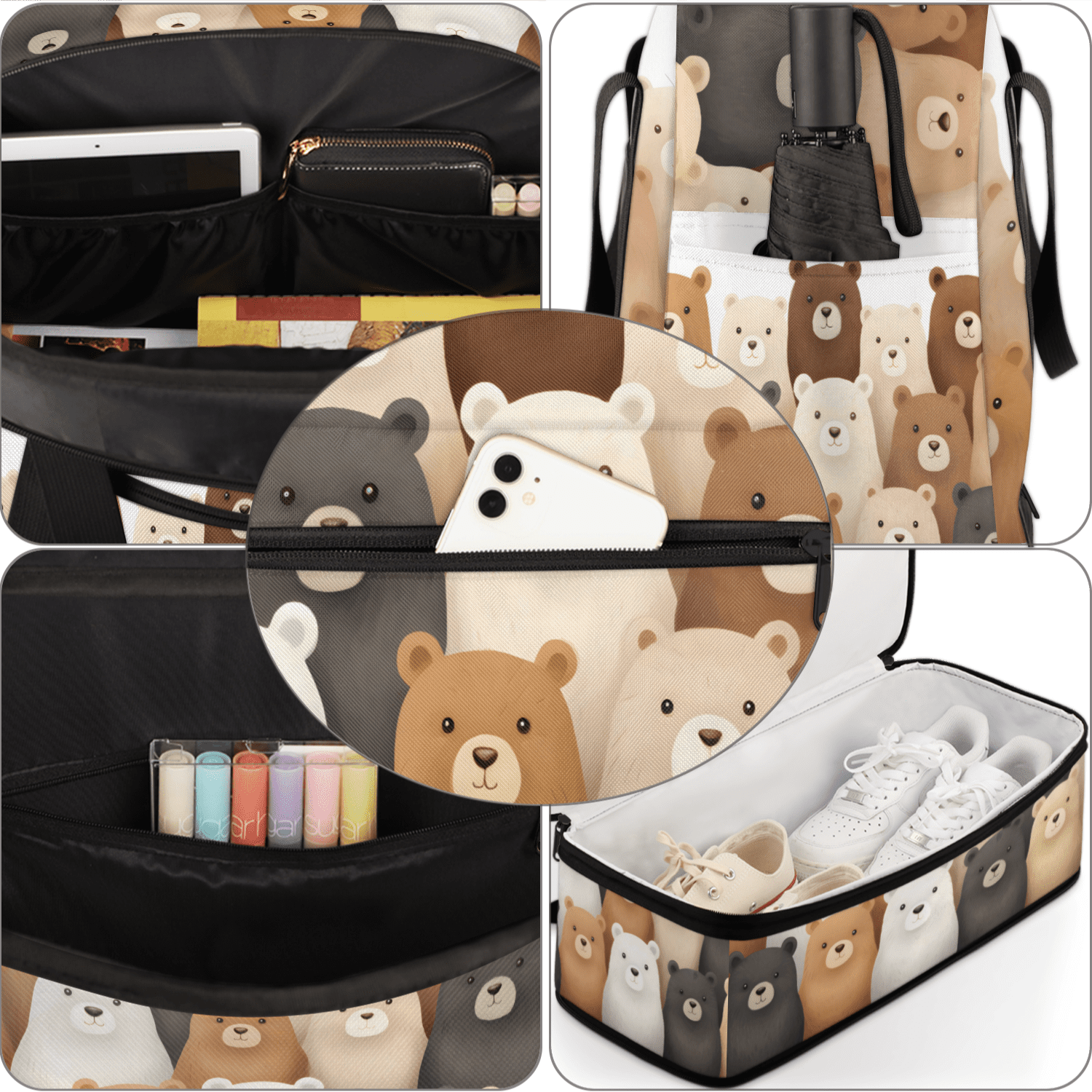 Herdesigns Bear Cute Foldable Travel Duffel Bag with Shoe Compartment, Weekend Overnight Carry On Bags for Men Women, Large Sports Gym Luggage