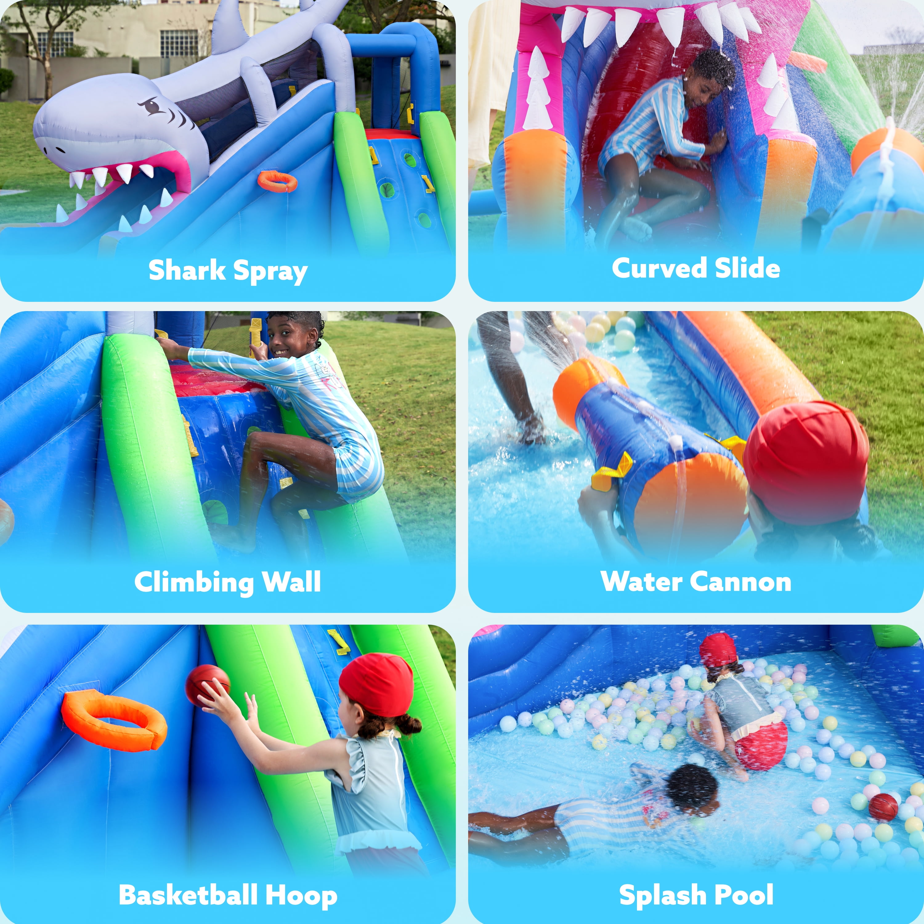 Joyfy Inflatable Water Slide Shark Bouncy House, Kids Bounce House with Splash Pool, Slide, Basketball Hoop, Climbing Wall, Water Cannon, Jumping Castle for Kids 3-12, Indoor & Outdoor