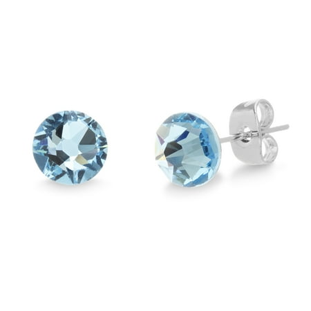 - Lesa Michele Women's Faceted Crystal 6MM Round Shaped Stud Earrings in Rhodium Plated Brass Made With Swarovski Crystals (Color: Simulated Aquamarine)