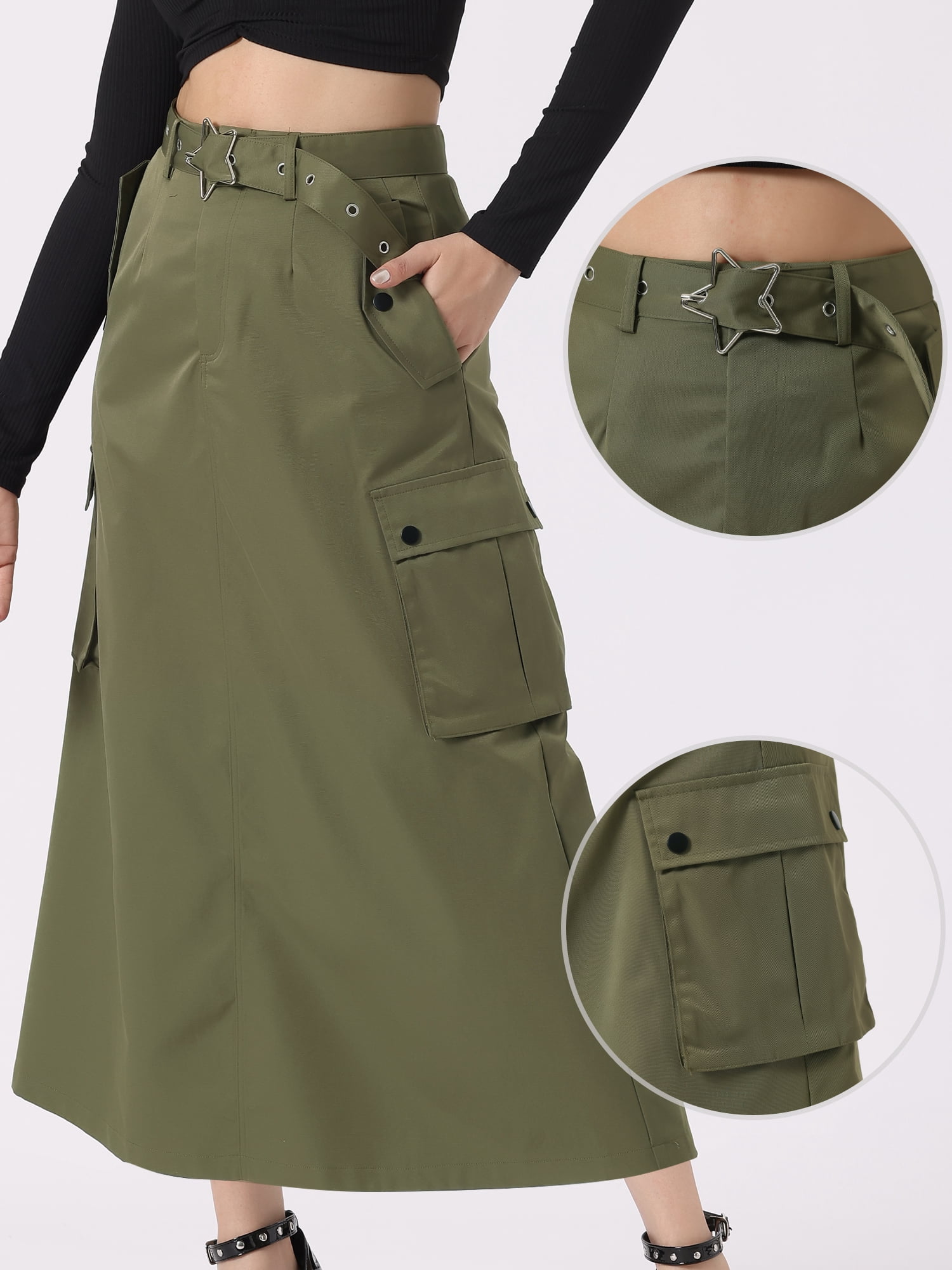 DARING DIVA Women's Stylish Versatile Y2K Cargo Long Skirt Vintage Streetwear S Army Green