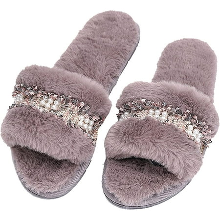 

CoCopeaunt Women s Slippers Cute Pearl Slippers Furry Slippers Open Toe Home Slippers Spring and Autumn Slippers