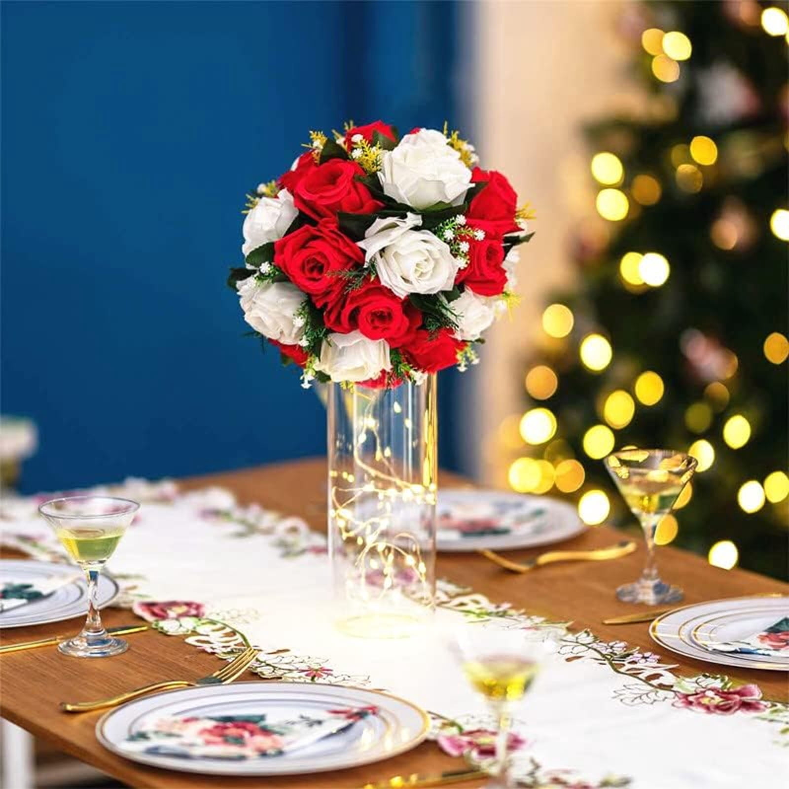 Blosmon Flower Kissing Balls Wedding Centerpieces 10 Pcs Spring Artificial Roses Flowers Vintage Red and White Floral Arrangements