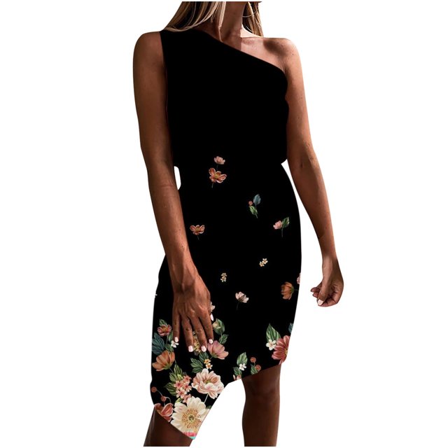 Vestido de reunión sin mangas ajustado con un hombro y estampado Floral informal de verano para mujer a la moda Fridja hjkh3860