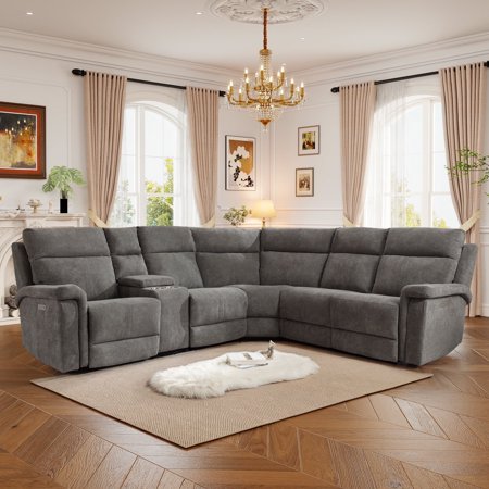 Ebello 5-Seater Power Reclining Sectional Sofa, L-Shaped Fabric Upholstered Power Recliner Couch with USB Port, Storage Console and Cup Holders for Living room and Home Theater, Gray