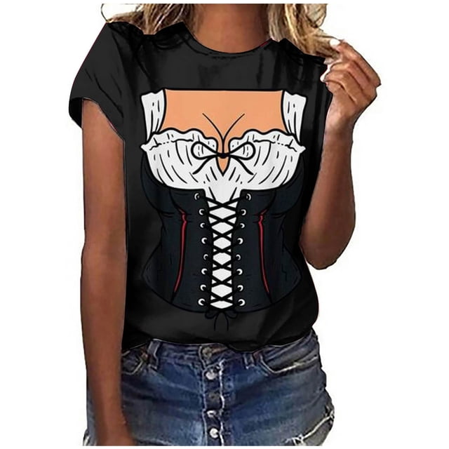 Pompotops Blouse Décontractée Mode Femme Ample Impression Oktoberfest Col Rond T-Shirt Blouse Imprimé Tee Liquidation