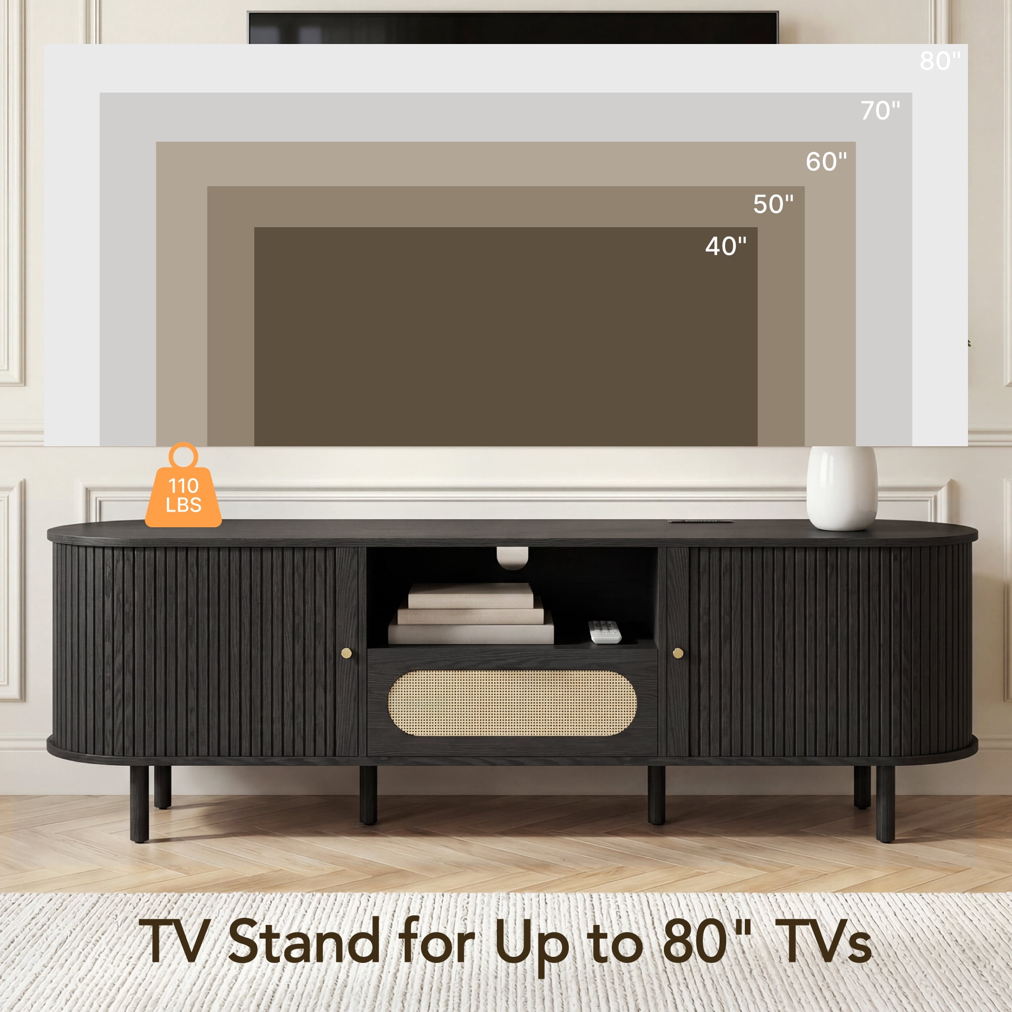Spruce & Spring Tambour TV Stand with Power Outlet, Mid-Century Modern Entertainment Center, Rattan Drawer & Fluted Sliding Doors, Solid Wood Legs & Cable Management, Black, for TVs up to 80 Inch