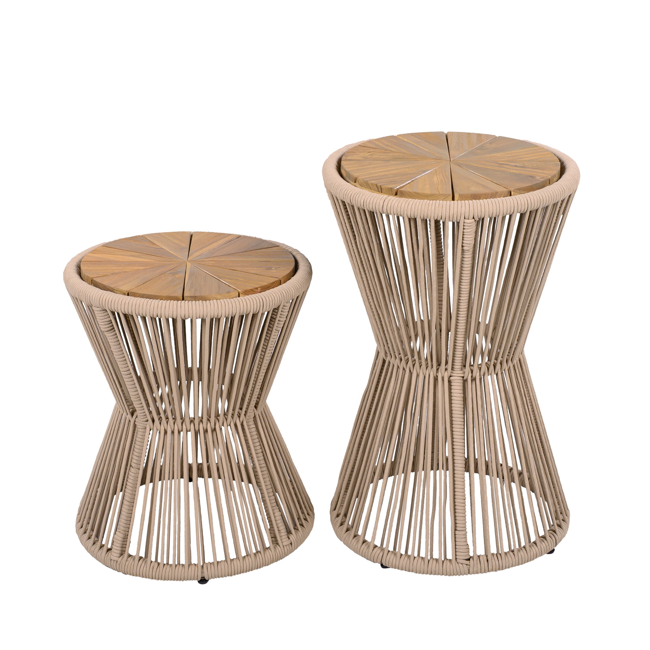 Christopher Knight Home Outdoor Side Table Set of 2, Woven Rope Patio End Tables, Beige + Light Teak