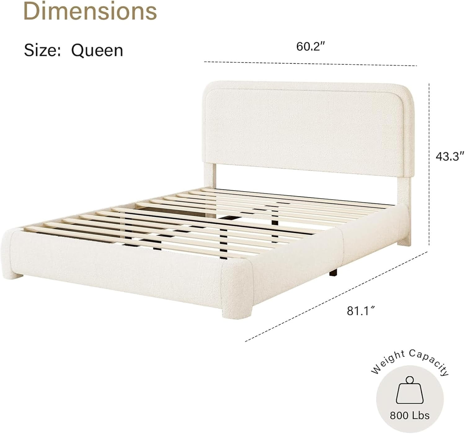 4 Ever Queen Bed Frame with Upholstered Footboard, High Headboard, Soft Curved Design, Cream