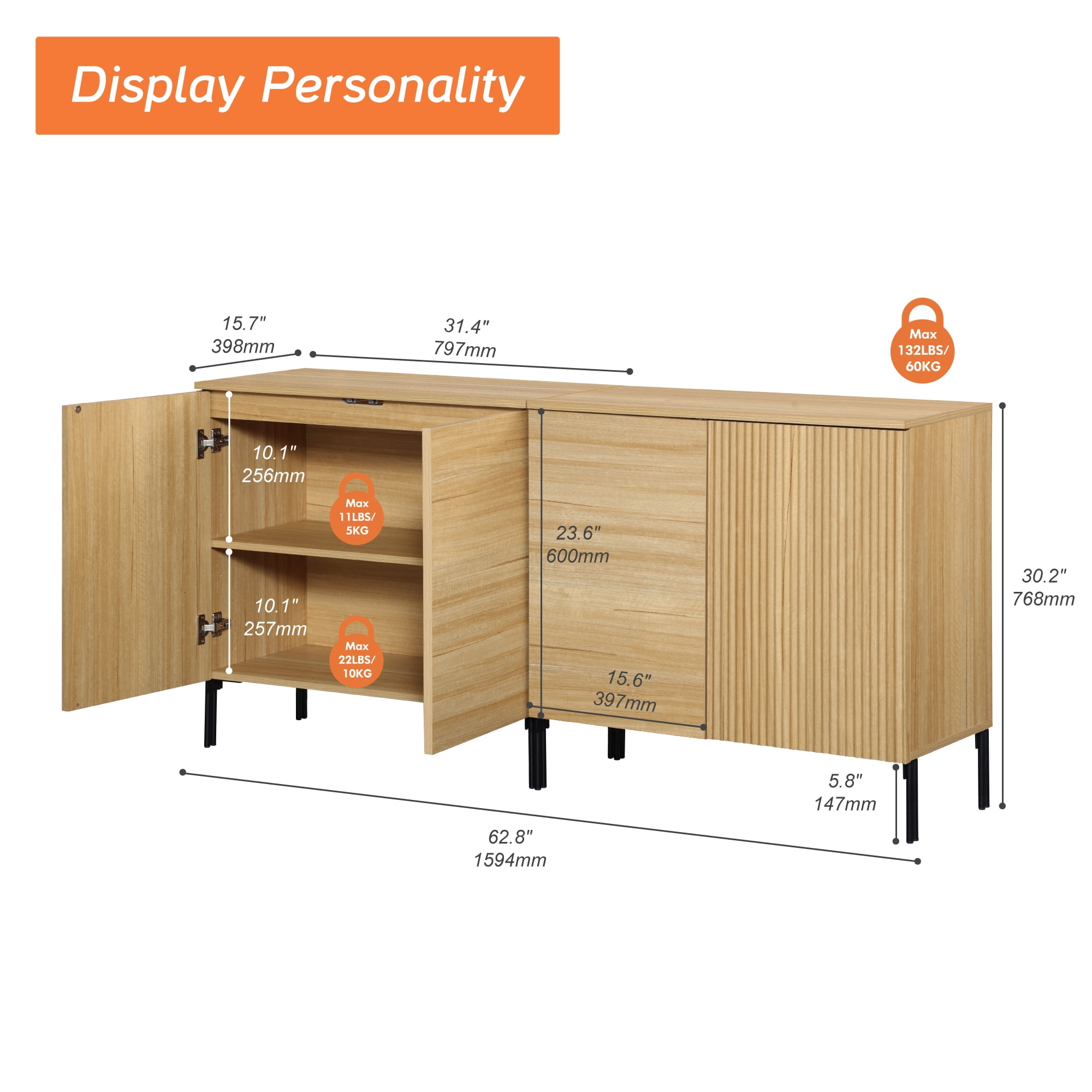 63" Wooden 4 Doors Sideboard with Reeded Design, 2-In-1 Modern Credenza Storage Cabinet for Kitchen, Dining Room