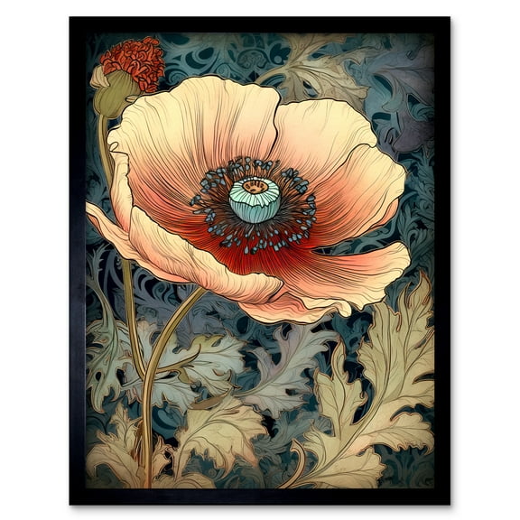 William Morris Style Peach Anemone Flower Bloom Art Print Framed Poster Wall Decor 12x16 inch