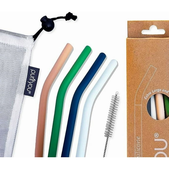 Platinum Silicone Straws, Set of 4 | 14 inch Extra Long & Slender For Stanley Cups, Reduce Tumbler & More | Soft Reusable Straws with Breathable Transport Case & Brush by purifyou