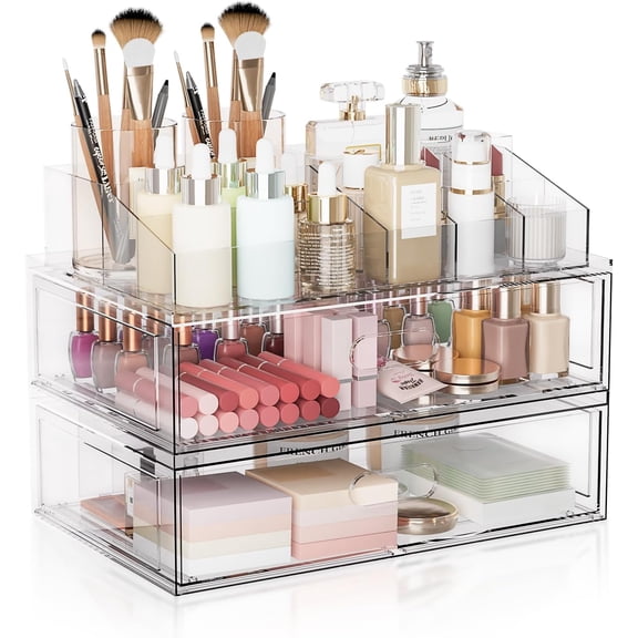 Clear Stackable Makeup Organizer with Drawer, 12''W  Storage Drawers,  Display Case for Vanity Bathroom Countertop, Beauty Holder for Lipstick Brush Skincare Perfume