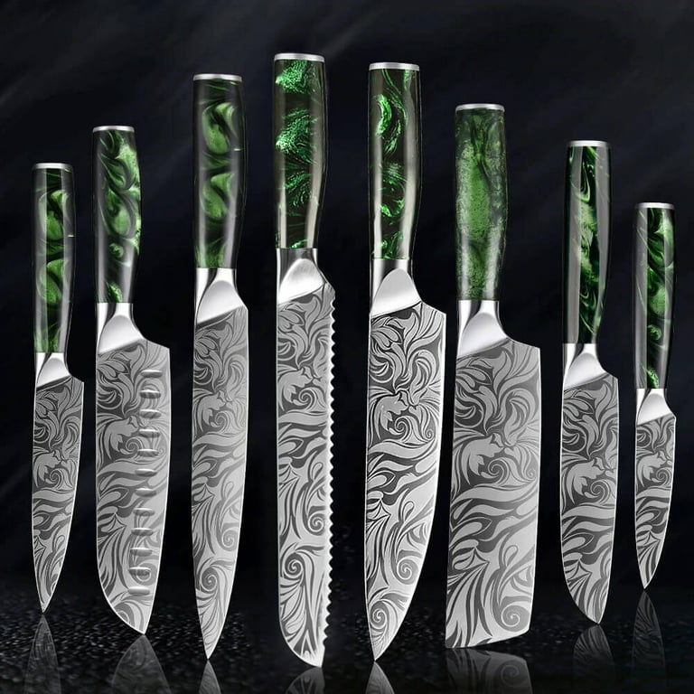 8-piece Engraved Japanese Kitchen Knife Set with - Wasabi