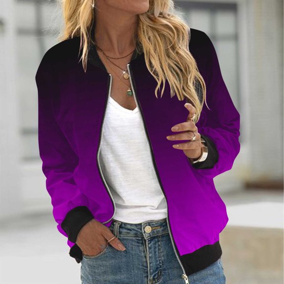 Usmixi 2023 Winter Womens Bomber Jacket Bomber Jacket for Women Casual Long Sleeve Stand Neck Open Front Zip Coat Fashion Gradient Print Lightweight Fall Ladies Outerwear with Pocket Up to 65% off