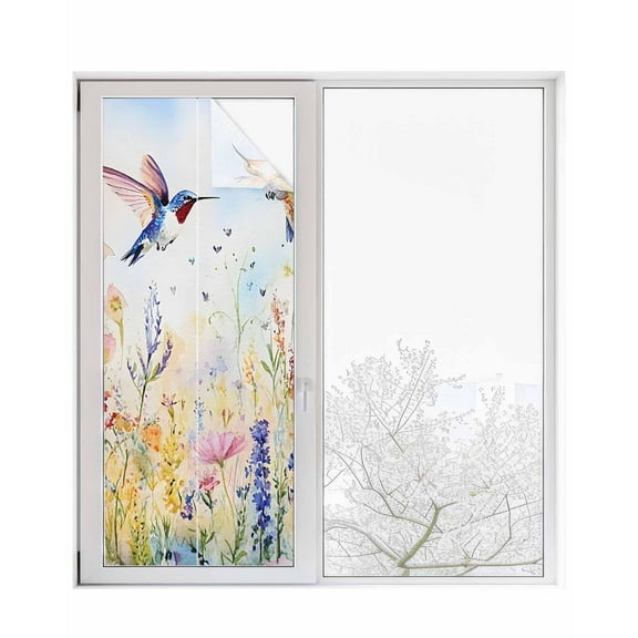 Window Privacy Film Spring Hummingbird Floral Stained Glass Window Film Decorative Sun Block Window Cover Farmhouse Flower Botanical Window Clings Static Adhesive Sticker for Bathroom 29.5"x78.7"