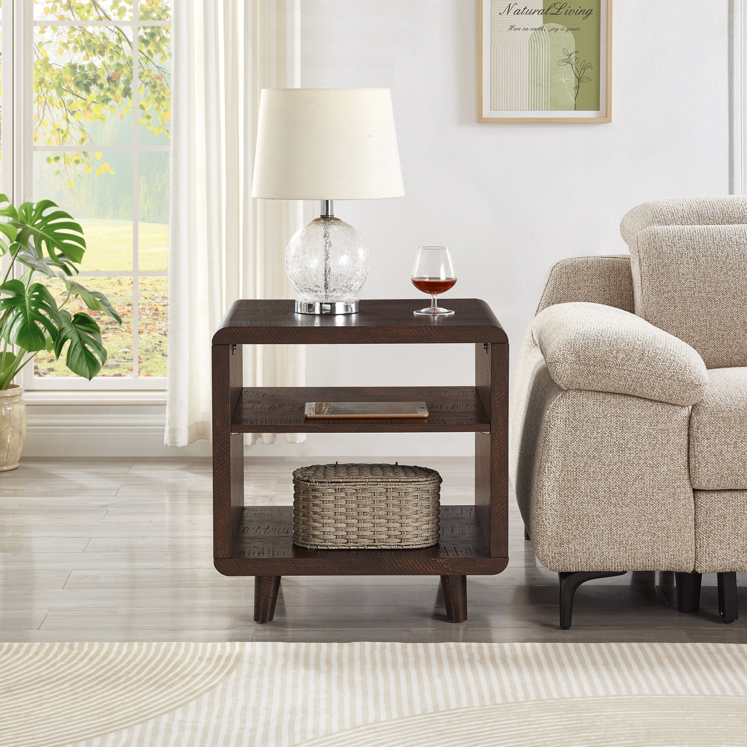 Roundhill Furniture Lux Modern Wood Shelf Side Table, Bedside Nightstand, Brown
