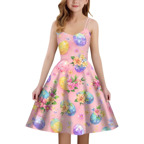Easter Themed Dress for Girls Sleeveless Spaghetti Strap Print Back Zipper Casual Soft Pink 5 Years-6 Years