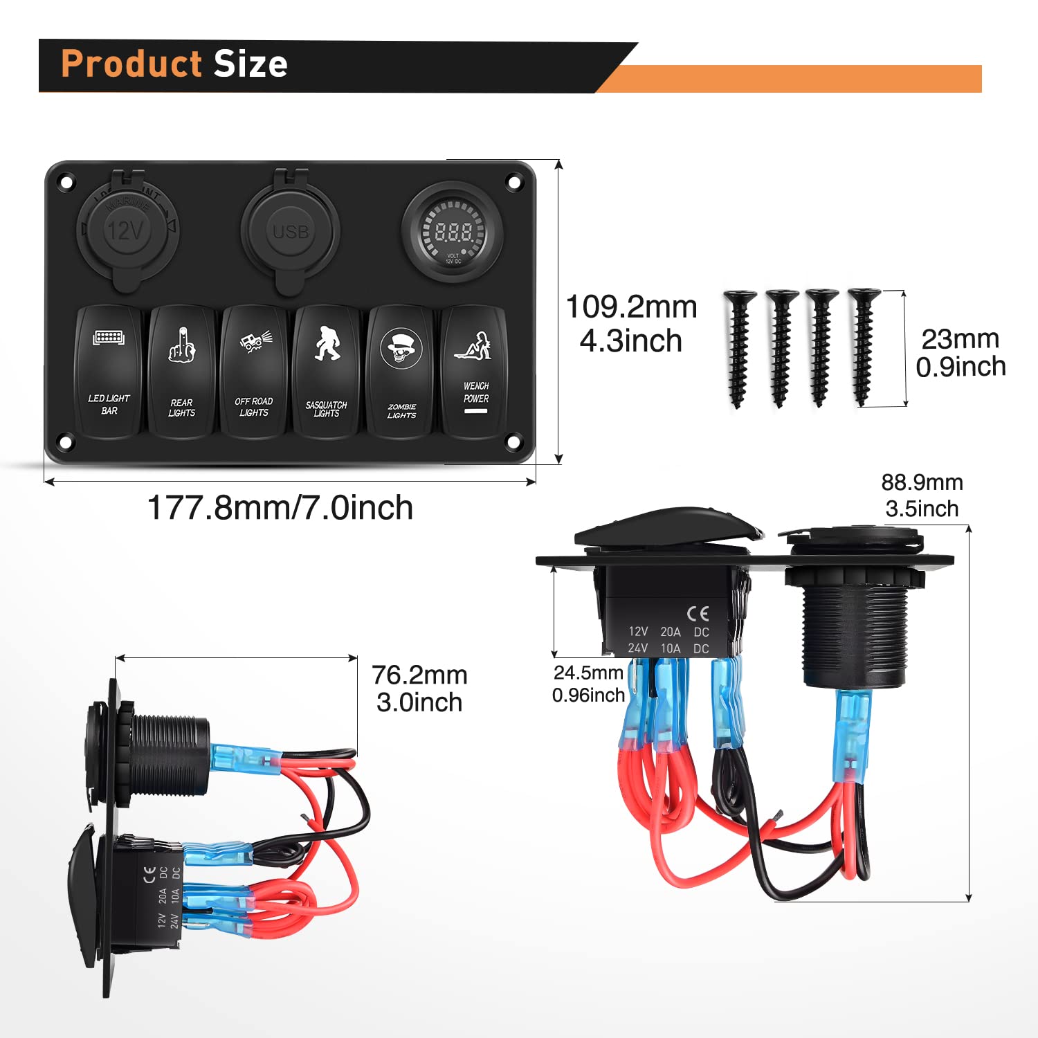 Waywe 6 Gang Rocker Switch Panel with Aluminum Holder, LED Toggle Switch Panel with Power Socket, Dual USB Charger and Voltmeter, 12V/24V for Car, Truck, RV, Boat, UTV, Camper