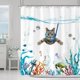 thumbnail image 2 of Juego de cortinas de ducha con diseño de gato, color azul verde azulado, impermeable, de tela, con tortuga de pulpo animal (azul, 71.7 x 71.7 in), 2 of 5