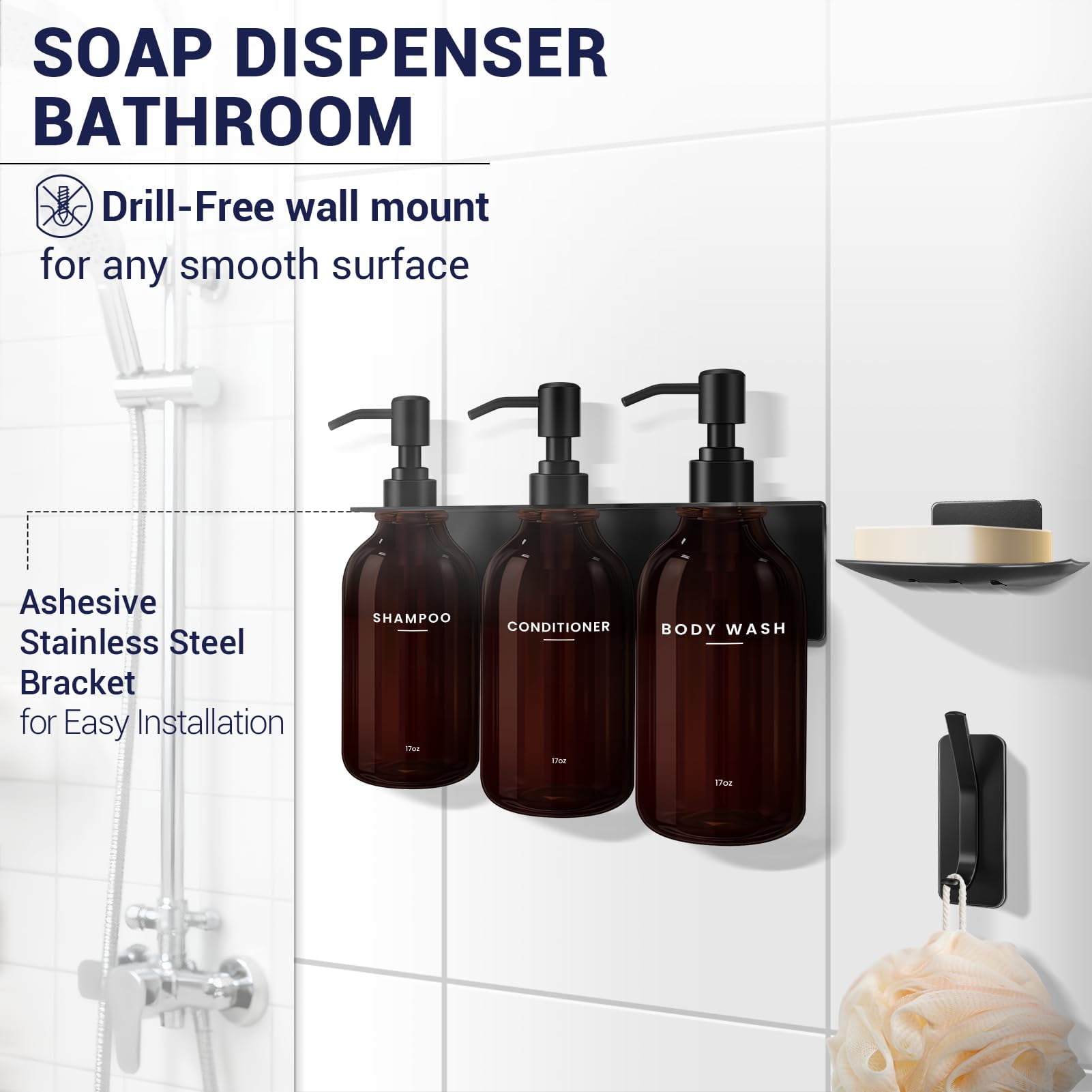 Shampoo and Conditioner Dispenser - Shower Soap Dispenser Wall Mounted - 17 fl oz Set of 3 Brown Plastic Bottles Black Pump - Shampoo Dispenser, Shower Dispenser
