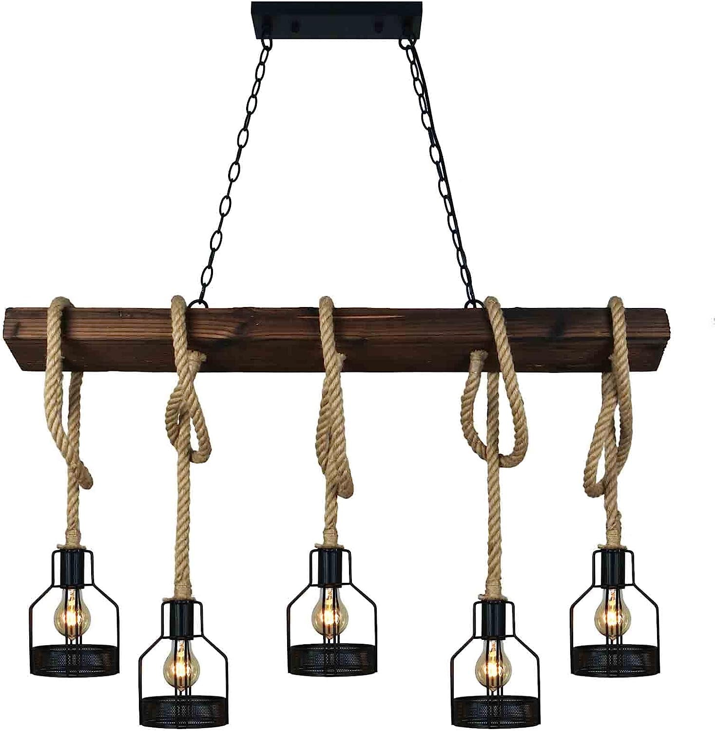 Arturesthome Pendant Lights Kitchen Island Kitchen Light Fixtures Rustic Dining Room Light Fixture with 5 E26 Bulb Sockets Black Metal and Wood Beam Chandelier Ceiling Pendant Light Fixtures