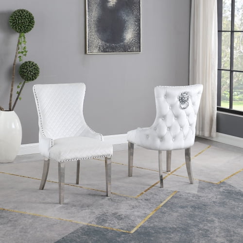 Royal Velvet Dining Chairs Set of 2 White Lion Back Knocker Button Tufted Upholstered Silver Legs and Finish Walmart
