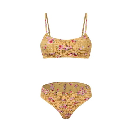 ZQGJB Women s Triangle Bikini Set Summer Smocked Textured Scoop Frilled Print Ruched Elastic Swimsuit Two Piece Bathing Suit(Yellow M)