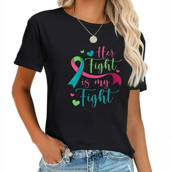 Womens Her Fight Is My Fight Metastatic Breast Cancer Awareness Round Neck T Shirt Black