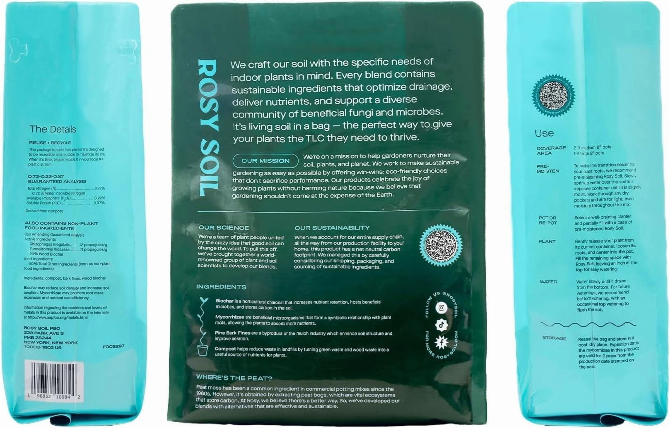 Rosy Soil Indoor Potting Soil Mix for Houseplants, Organic Peat Free Soil with Biochar, Root Boosting Living Soil for Indoor Plants, 8 qt