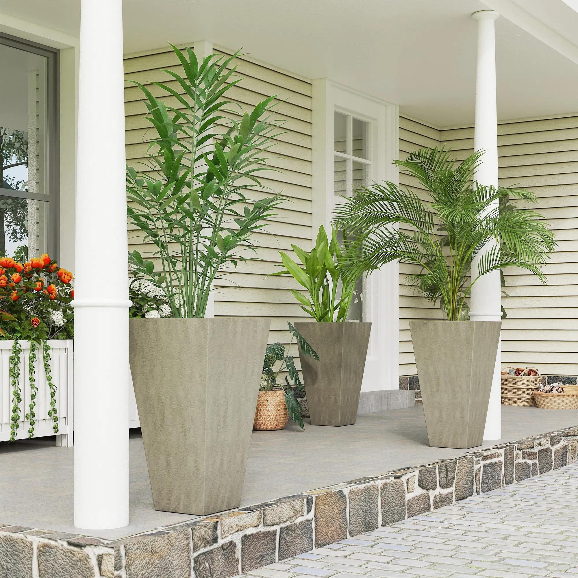 Set of 3 Tall Plastic Planterswith Drainage Hole, Outdoor Flower Plant Pots, Indoor Planters for Porch Patio and Deck