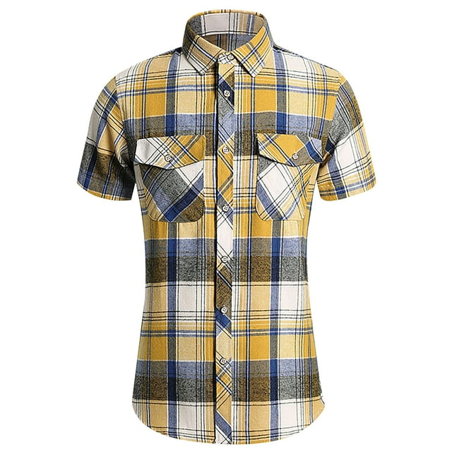Mens Manga Corta Botón Abajo Camisas Cuadrado Gira Abajo Cuello Casual Camisa para Hombres, Blusa de Verano de Poliéster