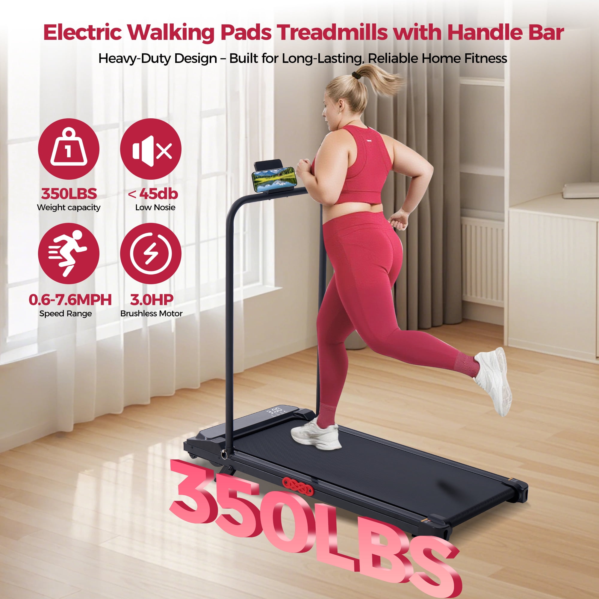 Treadmill for Home 3.0HP Folding Treamill Compact Walking Pad Treadmills with Handles Adjustable Speed, 350 lb Capacity for Office Workouts, Running,Jogging