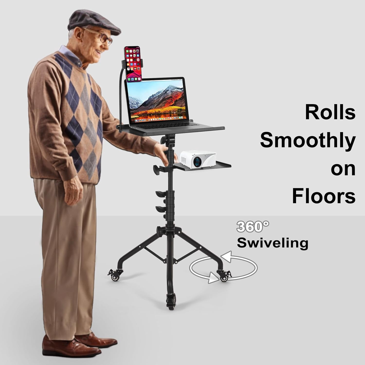 Laptop Tripod Stand with Wheels and Shelves, Adjustable Projector Floor Mount 25.9-51.8 Inch for Home Office