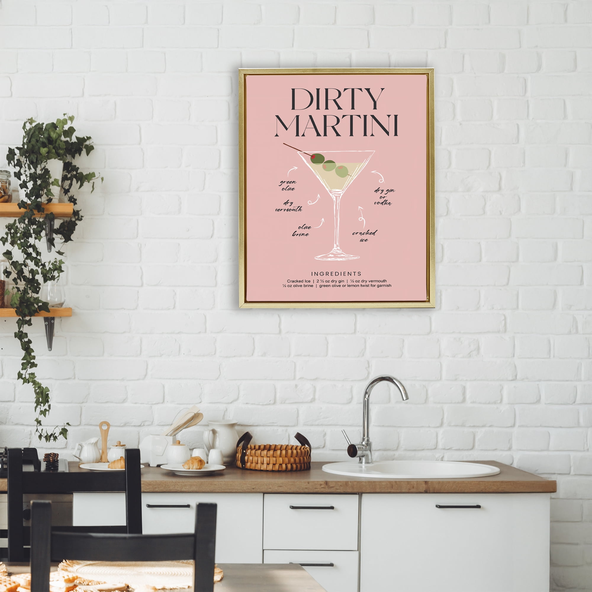 Stupell Industries Dirty Martini Pink Recipe Gold Framed Floater Canvas Wall Art, design by Lettered and Lined