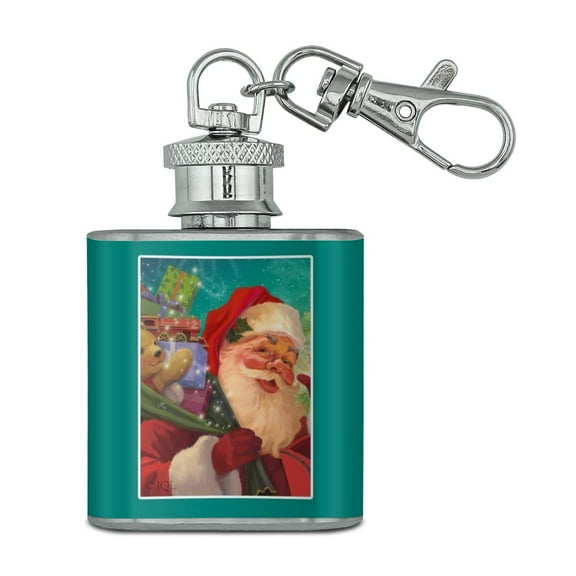 Christmas Holiday Jolly Happy Santa Claus Stainless Steel 1oz Mini Flask Key Chain